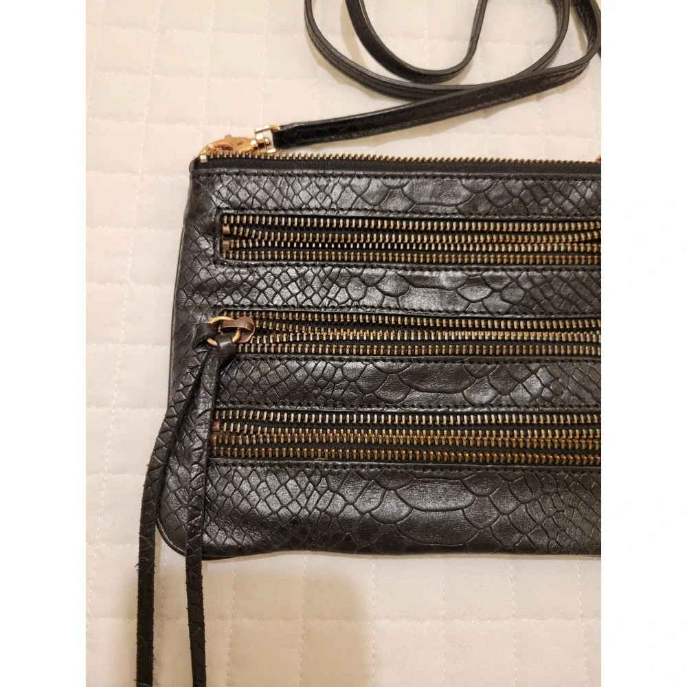 Rebecca Minkoff 3-Zipper Black Snake Embossed Crossbody Leather Bag Moto Goth